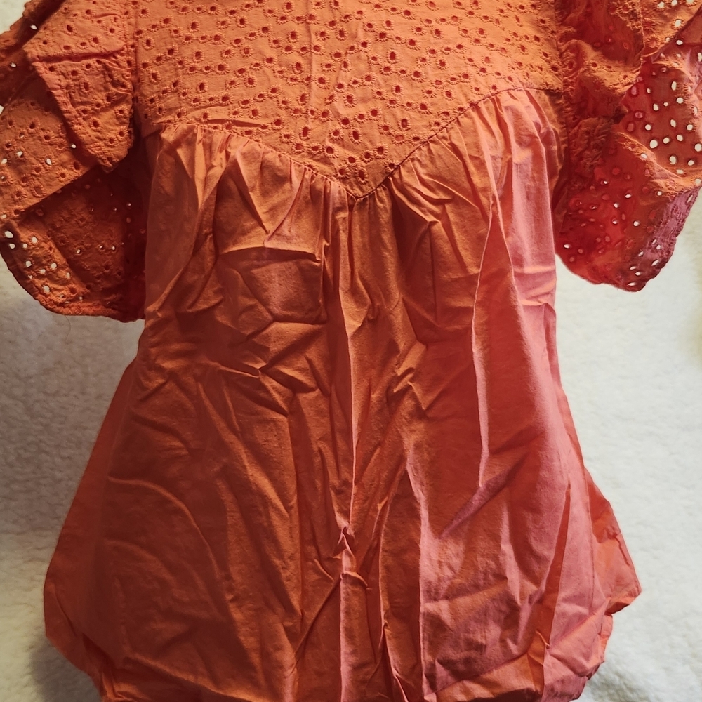 a new day Coral Eyelet Puff Sleeve Blouse